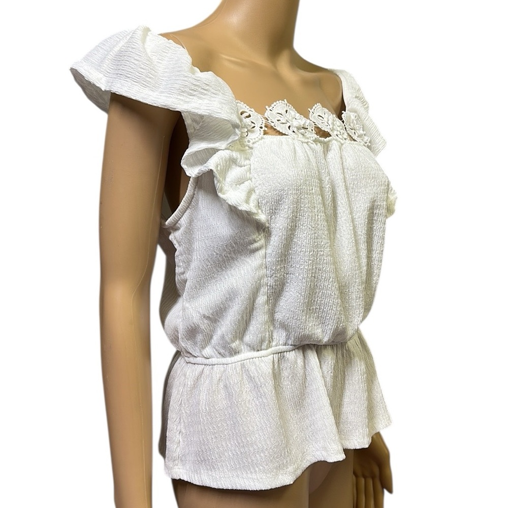 Ava Rose White Ruffled Off Shoulder Lace Embellished Blouson Top Womens Large - Picture 2 of 11